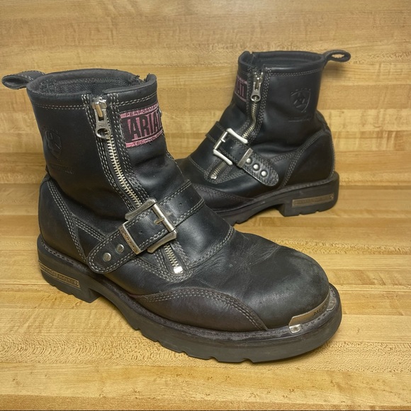 Ariat Shoes Ariat Motor Black Leather Motorcycle Boots Zip Up Waterproof Metal Mounts 5